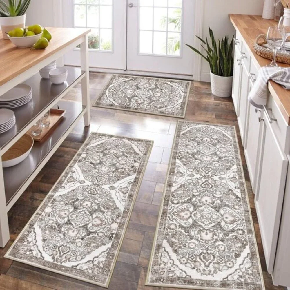 New Set of 3 Farmhouse Kitchen Area Rug, Non-Slip, Washable Runner Mats